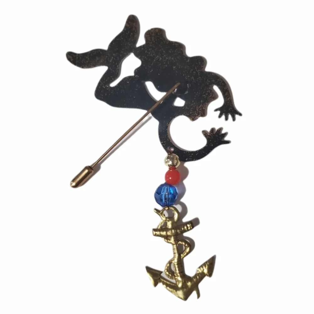 FANCIFUL FLIGHTS Nautical Mermaid Under the Sea Anchor Golden Hair Stick Pin